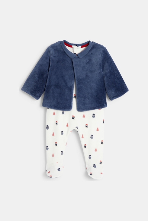 Baby-Strampler aus Samt mit Pinguinmotiv und weiches Baby-Jäckchen in Blau für Jungen 1