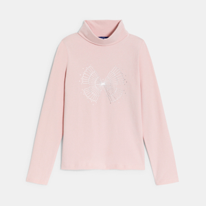 Girl's pink polo-neck T-shirt with sequin motif 1