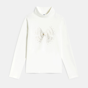 Girl's white polo-neck T-shirt with sequin motif 1