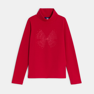 Girl's red polo-neck T-shirt with sequin motif 1