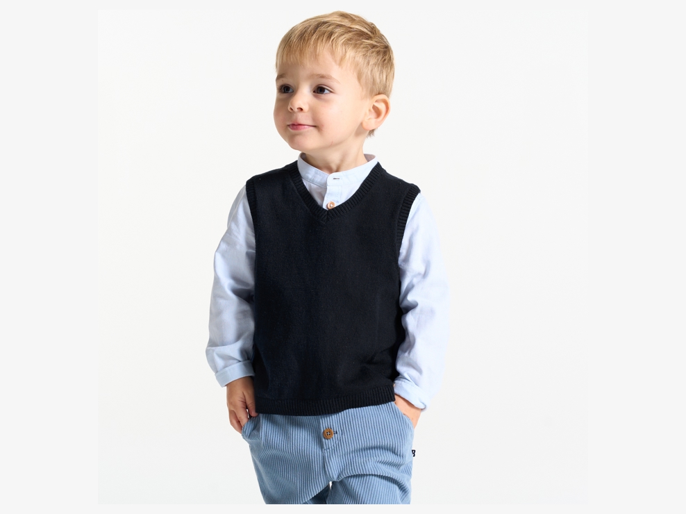 Pull sans manches maille tricot bleu bébé garçon 1