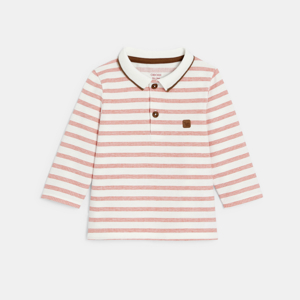 Baby boy's red, long-sleeve, striped fleece polo shirt 1