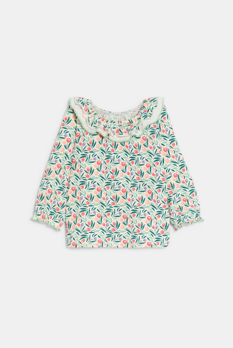 Blusa de flores cuello con volantes azul bebé niña 1