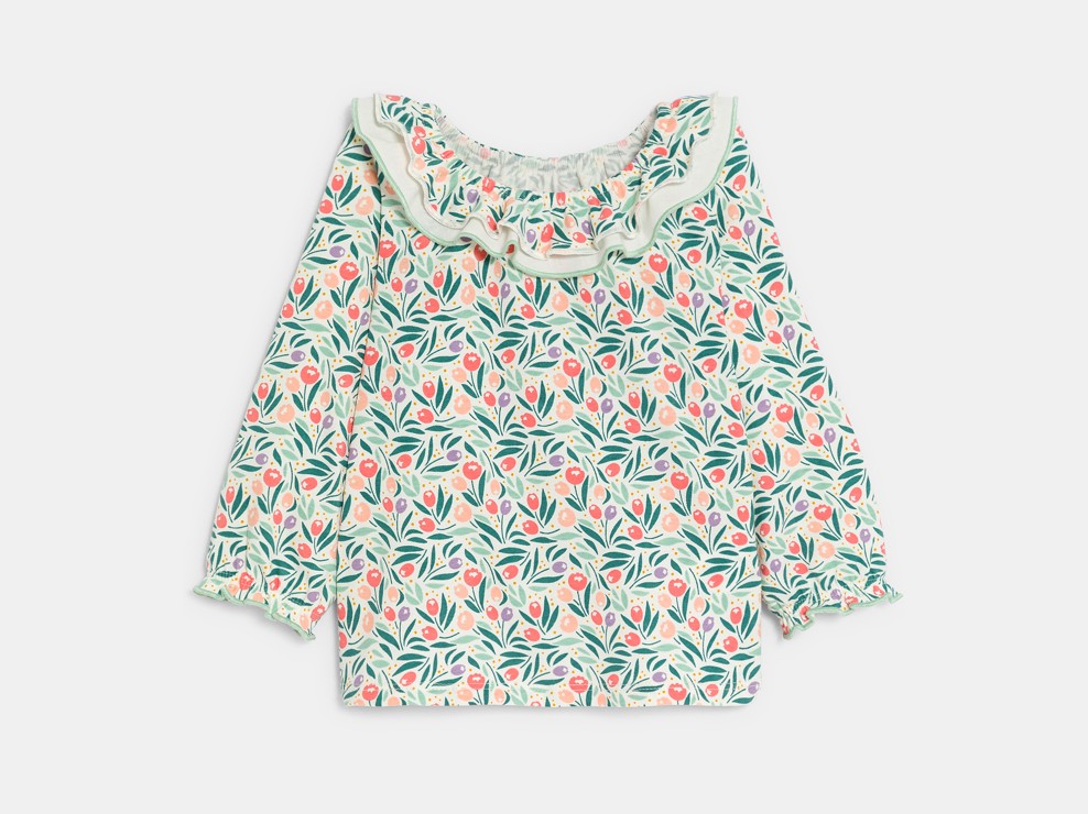 Blouse fleurie col volanté bleu bébé fille 1
