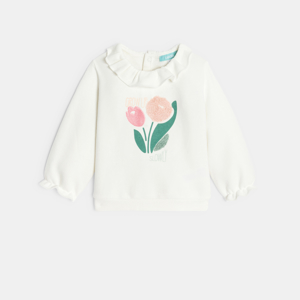 Baby girl's white floral motif sweatshirt with ruffle collar 1