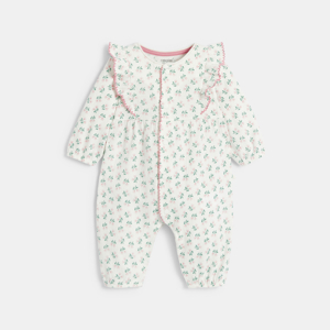 Combi coton gaufré fleurie blanc bébé fille 1