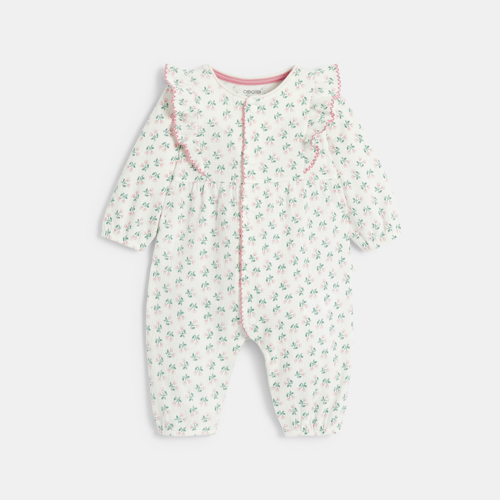 Combi coton gaufré fleurie blanc bébé fille 1