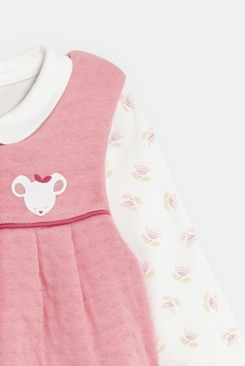 Dekliški pleten pajac z miško in rožnati cvetlični bodi za novorojenčke 2