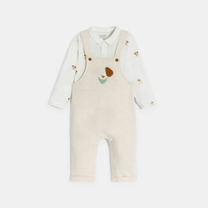 Newborn boy's fleece dungarees and jersy body with dog motif 1