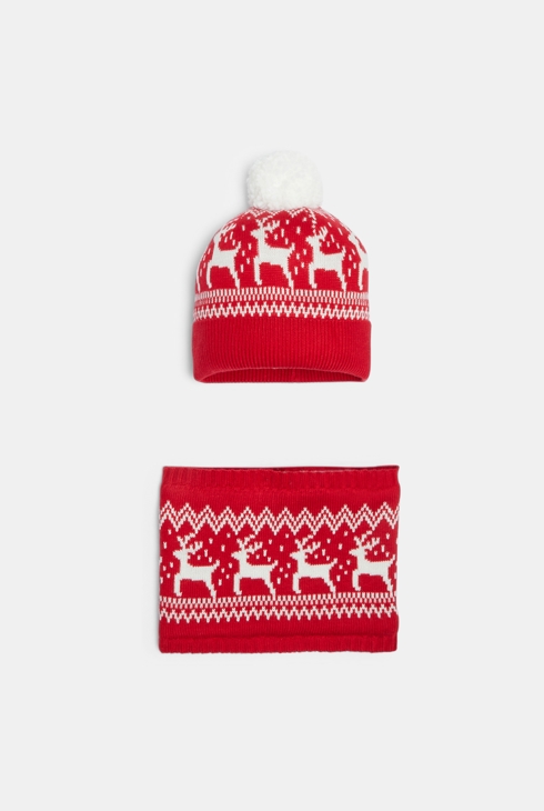 Berretto + snood rosso con motivo scandinavo unisex 1
