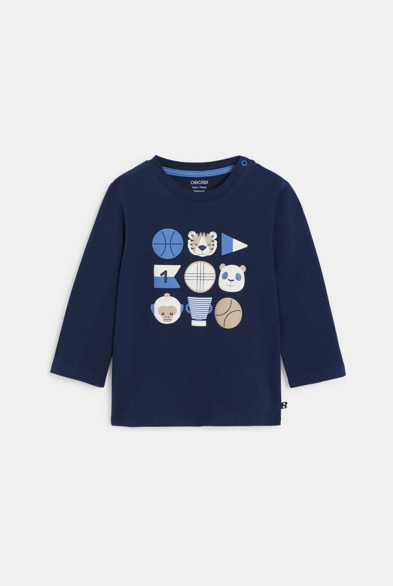 Camiseta de algodón de manga larga con animales azul para bebé niño 1