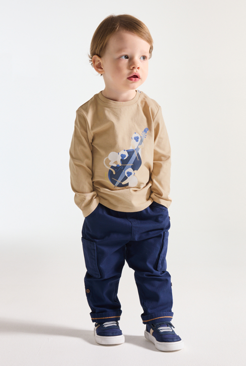 Beiges Langarm-T-Shirt mit Tieren als Musikern für kleine Jungen 1