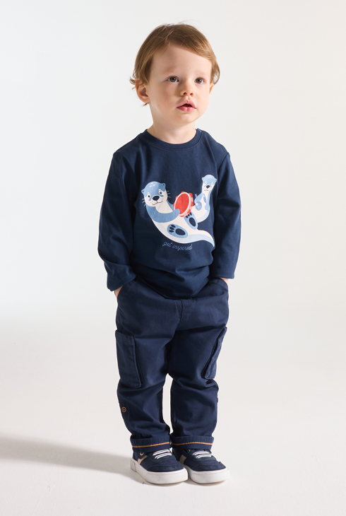 T-shirt a maniche lunghe blu con animali musicisti neonato 1