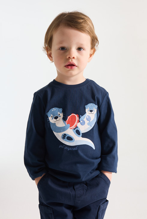 Blaues Langarm-T-Shirt mit Tieren als Musikern für kleine Jungen 2