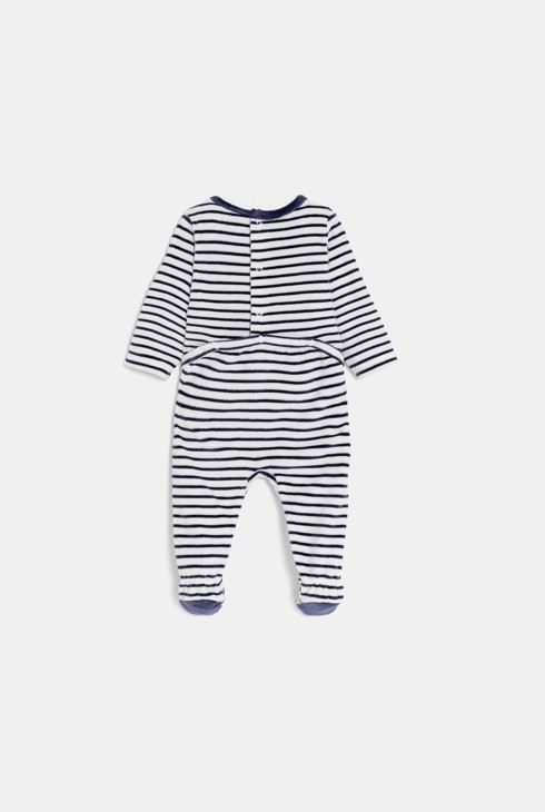 Blauer Strampler aus gestreiftem Samt mit Raketenmotiv für Jungen 2