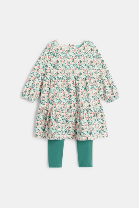 Vestido fluido de flores y legging verde bebé niña 1