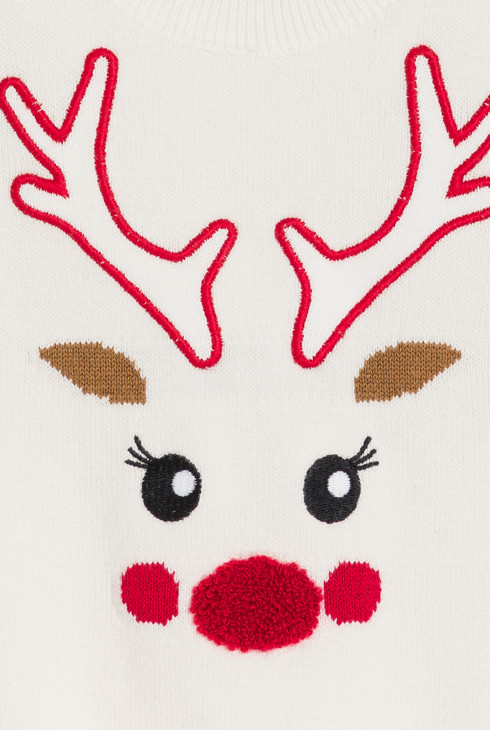 Dekliški pleten pulover bele barve s severnim jelenom za dojenčke 2