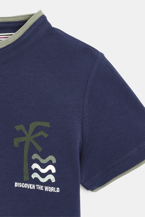 Boy's navy blue short-sleeve palm tree polo shirt 2