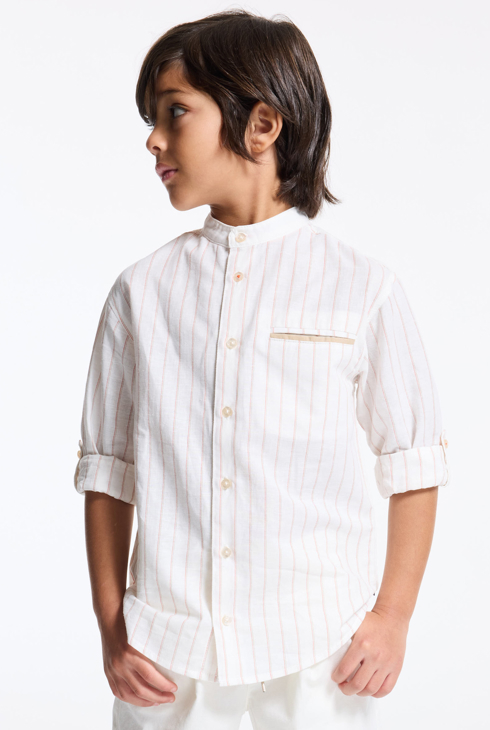 Camicia con colletto alla coreana bianca a righe bambino. 1
