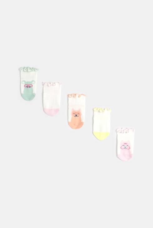 Mehrfarbige Kurzsocken mit verspielten Tieren in Pastelltönen für kleine Mädchen (5er-Pack)