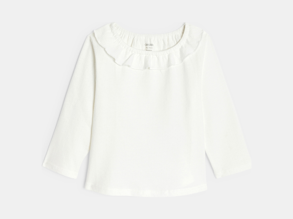 Langärmeliges Mädchen-T-Shirt aus weißem Baumwoll-Pointelle für Kleinkinder 1