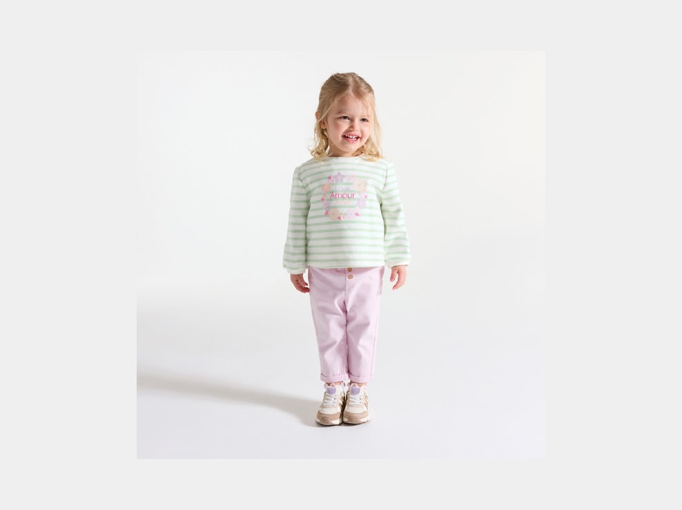 Groene gestreepte sweater van joggingstof met print voor babymeisjes 1