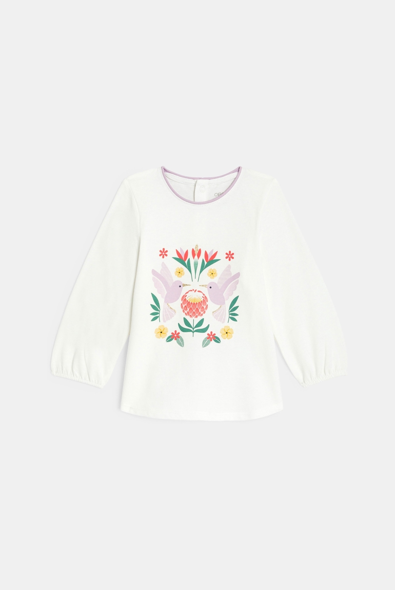 T-shirt manches longues coton oiseaux blanc bébé fille 1