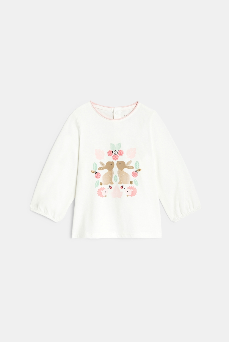 T-shirt a maniche lunghe bianca con conigli per neonata 1