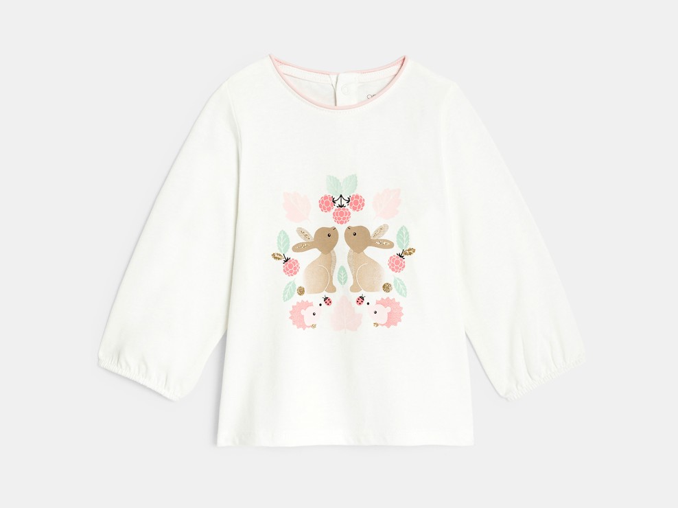 Langärmeliges Baby-T-Shirt aus weißer Baumwolle und mit Hasenmotiv für Mädchen 1