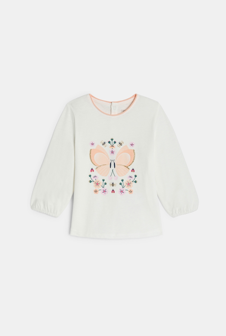Camiseta de manga larga algodón mariposas blanca bebé niña 1