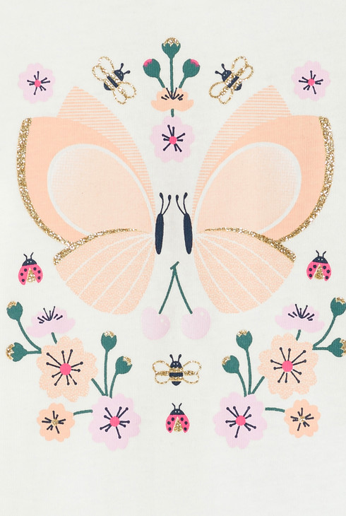 Langärmeliges Baby-T-Shirt aus weißer Baumwolle und mit Schmetterlingsmotiv für Mädchen 2