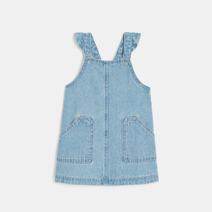 Baby girl blue denim dungaree dress, straight cut. 1