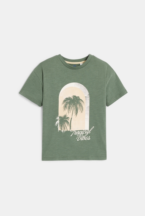 Boy's khaki short-sleeve T-shirt with palm tree design 1