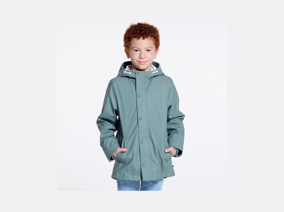 Wasserabweisende khakigrüne Regenjacke mit Kapuze für Jungen 1