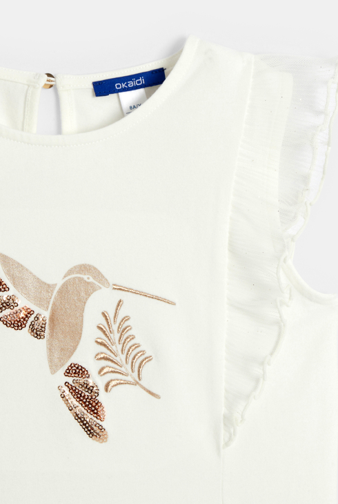 Girl's white ruffle vest top with hummingbird motif 2