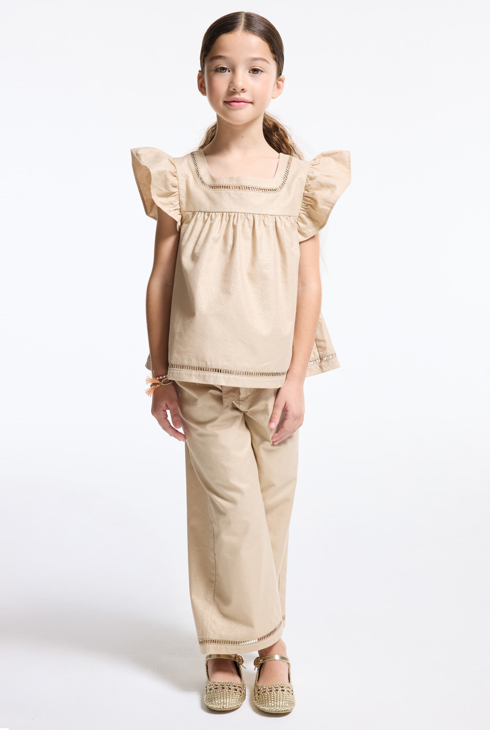 Girl's sand-coloured sparkly blouse with ruffled sleeves 1
