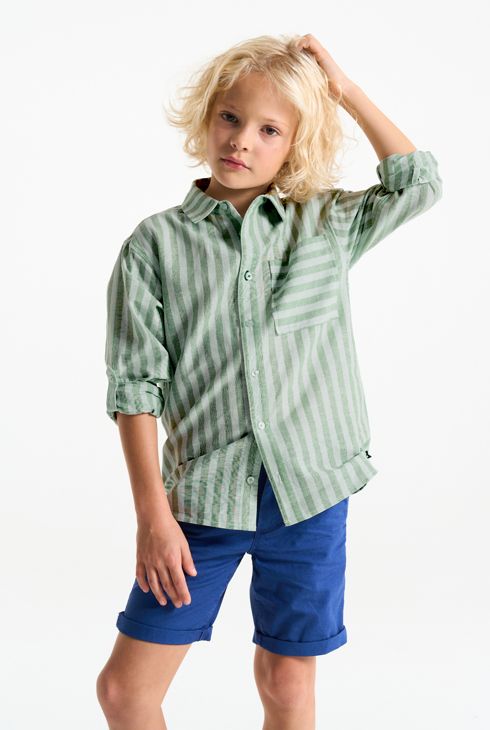 Camicia in lino a righe verde bambino 1
