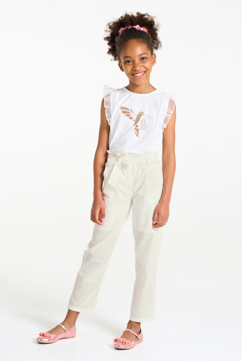 Girl's white paper bag style straight-cut trousers 1