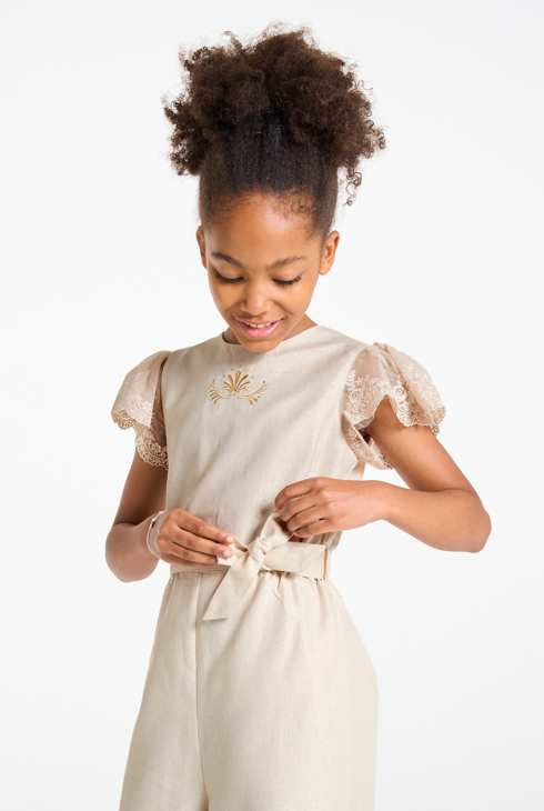 Tuta lunga beige in lino con paillettes per bambina 1