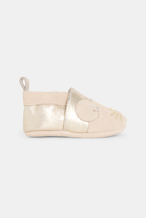 Chaussons cuir frimousse chat rose bébé fille 1
