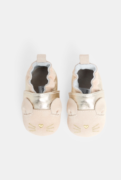 Chaussons cuir frimousse chat rose bébé fille
