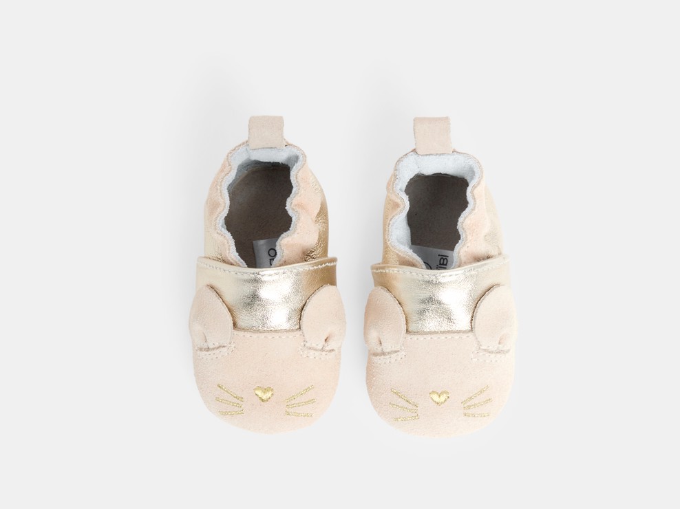 Chaussons cuir frimousse chat rose bébé fille 2