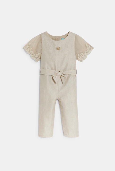 Baby girl's sparkly beige long jumpsuit with short embroidered sleeves 2