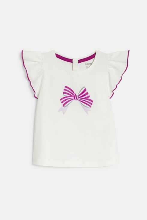 Baby girl' white ruffle short-sleeve T-shirt with bow 1