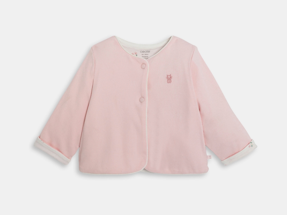 Gilet jersey côtelé rose naissance fille 1