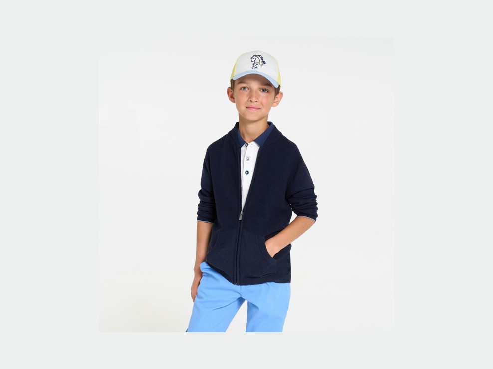 Lange marineblaue Strickjacke Collegekragen Jungen 1