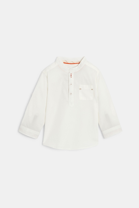 Camicia in cotone fantasia bianco con collo a serafino neonato 1