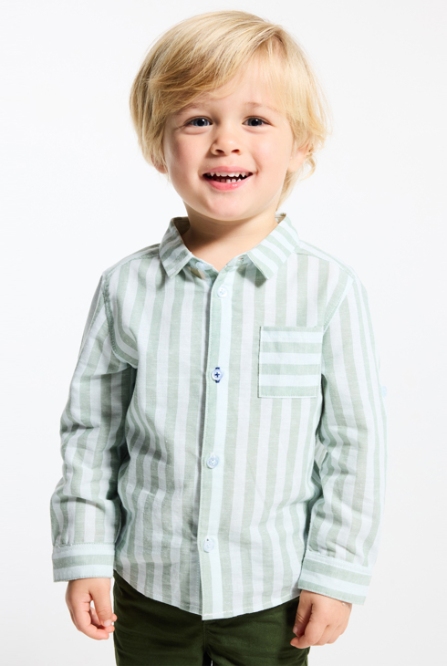 Camicia in misto lino e cotone verde a righe con maniche arrotolabili neonato 1