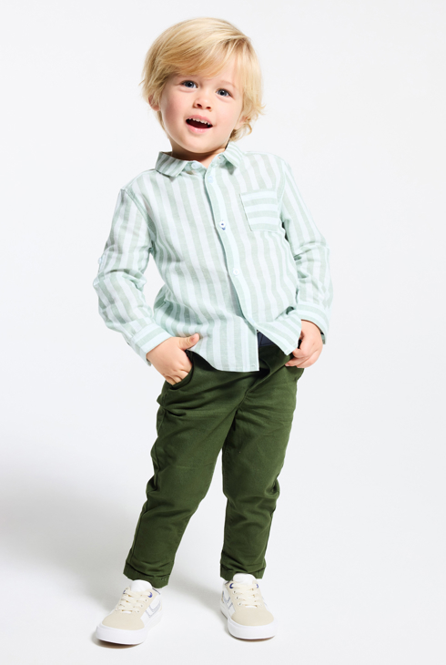 Grünes, gestreiftes Jungenhemd aus Leinen und Baumwolle mit Ärmeln zum Hochkrempeln für Kleinkinder 2
