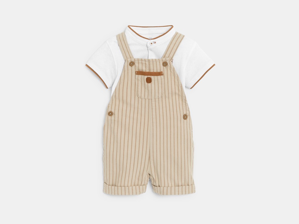 Bruine korte salopette met strepen en polo voor babyjongens 2